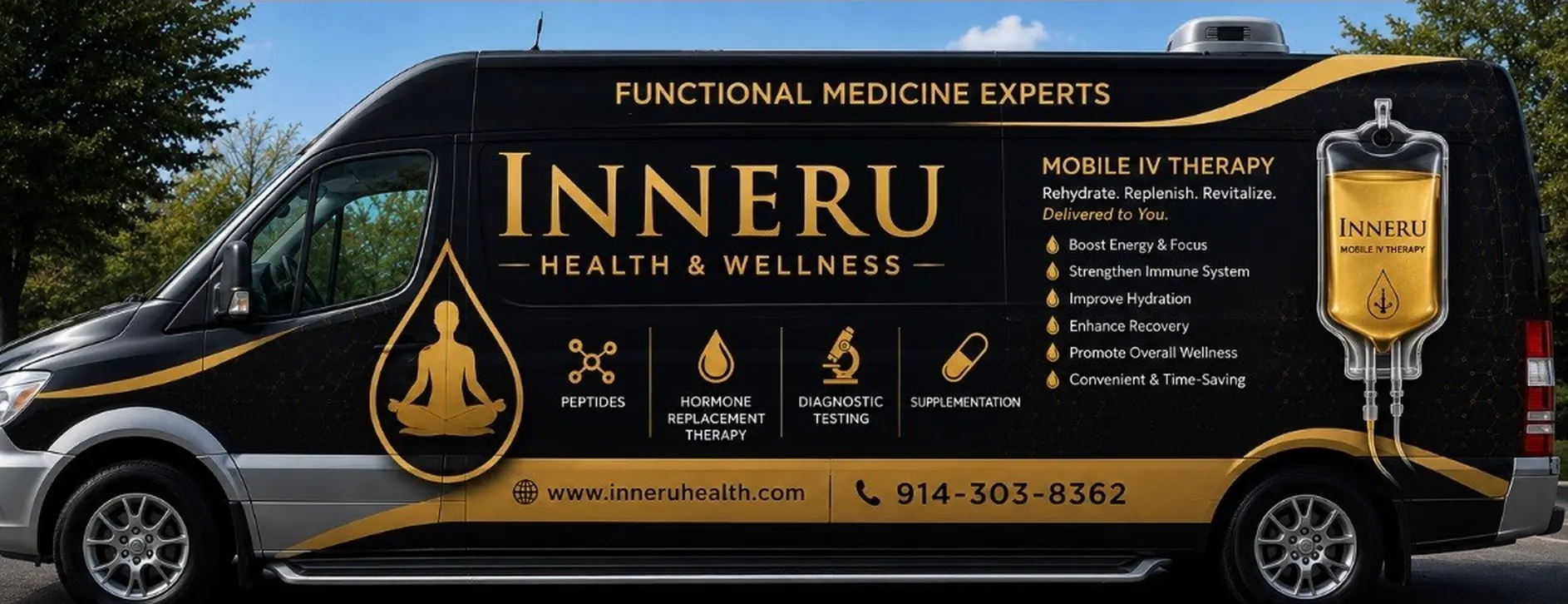 The Inner U Mobile IV Sprinter unit in its gold and black wrap, photographed from the driver side.