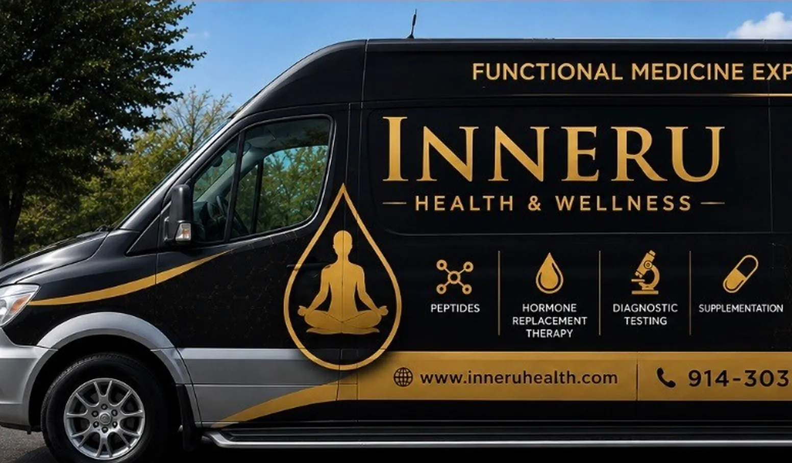The Inner U Mobile IV Sprinter unit in its gold and black wrap, photographed from the driver side.